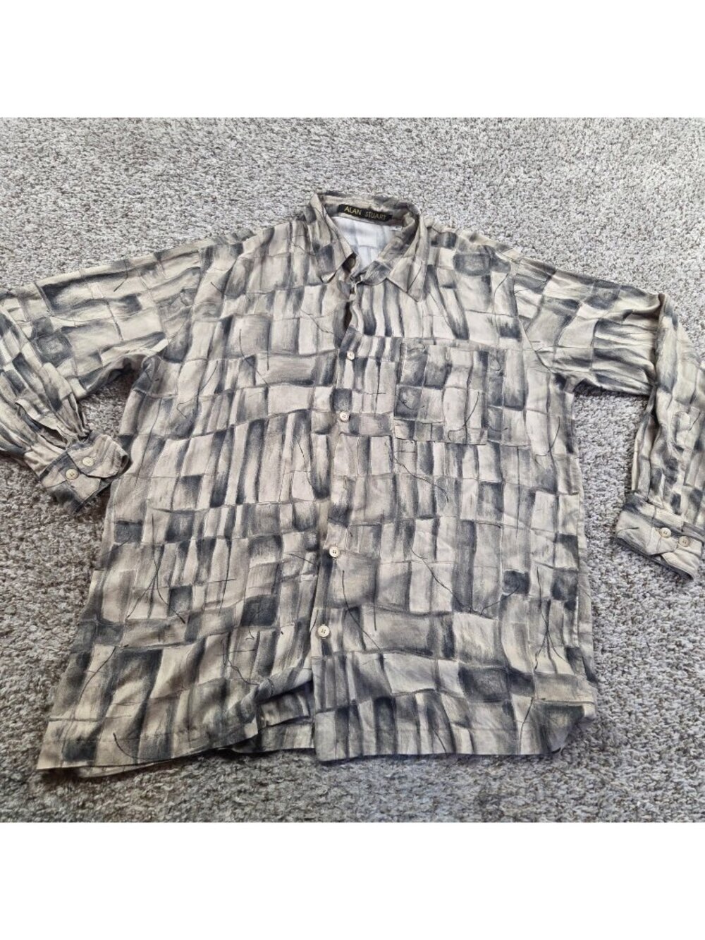 Vintage Alan Stuart Shirt Men's Large  Geometric Long Sleeve Button Up Flaw*